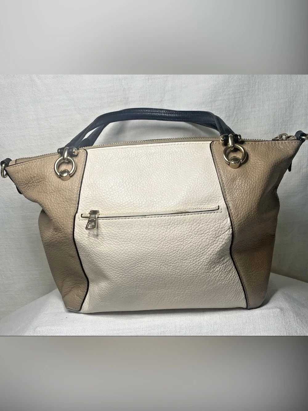 Coach Tri-Tone Leather Satchel - Cream, Tan & Navy